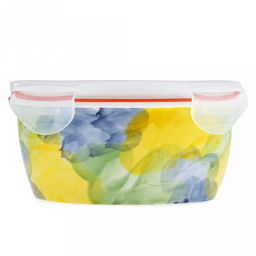 Акварель Салатник-контейнер фарфоровый 900мл, д16,7х7,3см, круглый, с деколью, отводка, пластмассовая крышка, герметичная, с клипсами, с силиконовым уплотнителем (Китай) - Домашняя мода фото 4