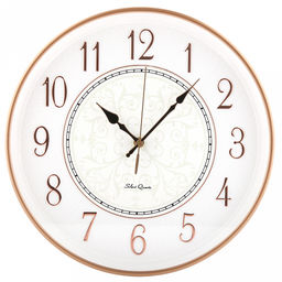 Часы настенные "Видение" д35см, h5см, мягкий ход, циферблат "Вензель" белый/перламутровый; цифры арабские, розовое золото; корпус пластик, медный/белый; в коробке (Китай)