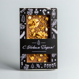 МОЛОЧНЫЙ ШОКОЛАД С ГРЕЦКИМ ОРЕХОМ, ФУНДУКОМ И КАРАМЕЛИЗИРОВАННЫМ ФУНДУКОМ, НОВОГОДНЯЯ КОРОБОЧКА #2