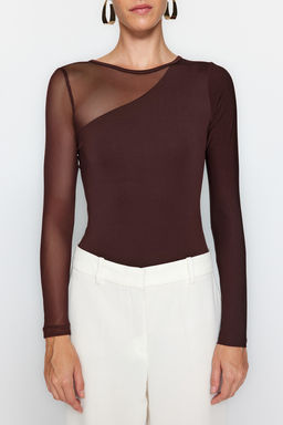 TRENDYOLMILLA Kahverengi Tul Detayl? C?tc?tl? Esnek Orme Body TWOAW24BD00021  фото 8