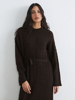 Bisiklet Yaka Kendinden Desenli Ku?akl? Triko Elbise