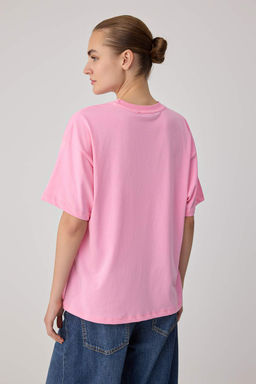 A__k Pembe Bask_l_ Oversize Bisiklet Yaka D___k Kol K_sa Uzun %100 Pamuk _rme T-Shirt TWOSS26TS00371 - Trendyolmilla фото 4