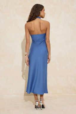 Mavi Saten Degaje Yaka Dokuma S?k/Gece Elbise TPRSS26EL00020