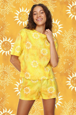 Sar? %100 Pamuklu Gunes Desenli Sortlu Orme Pijama Tak?m? THMSS24PT00108