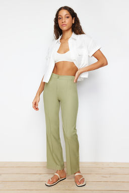 Yesil Straight/Duz Kesim Yuksek Bel Nervur Dikisli Dokuma Pantolon TWOSS21PL0093