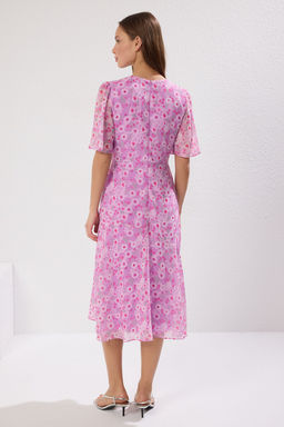 Lila Cicek Desenli A Kesim Astarl? Midi Dokuma Elbise TWOSS20EL0908