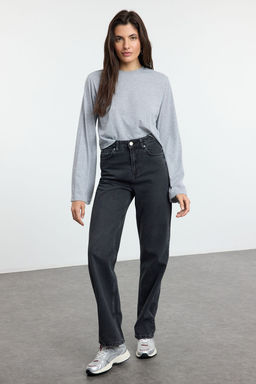 Siyah Yuksek Bel Uzun Straight Jeans TWOAW23JE00111