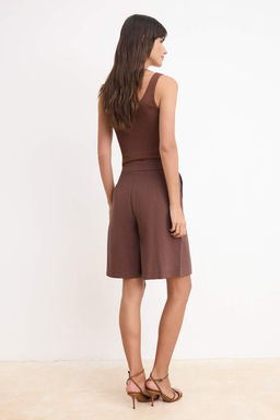 Kahverengi Keten Gorunumlu Piliseli Uzun Sort & Bermuda TWOSS26SR00036