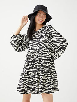 Bisiklet Yaka Desenli Uzun Kollu Elbise