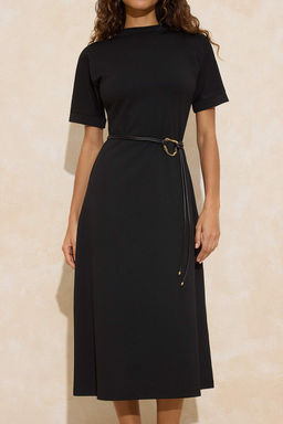 Siyah A-Kesim/Can Form Dik Yaka K?sa Kollu Kemerli Midi Interlok Orme Elbise TWOSS26EL00109 - Trendyolmilla фото 3