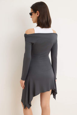 Antrasit Regular Asimetrik Kay?k Yaka Uzun Kollu Mini Soft Touch Orme Elbise TWOSS26EL00753 - Trendyolmilla фото 4