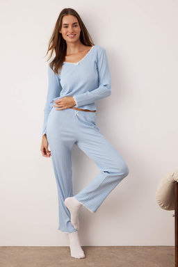 Trendyolmilla Bebe Mavisi Dantelli ve Kurdele/Fiyonk Detayl? Fitilli Orme Pijama Tak?m? THMAW25PT00044  фото 10