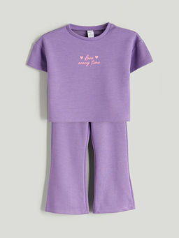 Bisiklet Yaka Bask?l? K?z ?ocuk Ti??rt ve Pantolon 2li