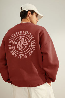 TRENDYOL MAN Kahverengi Oversize/Genis Kesim Cicek Nak?s Ici Polar/S?cak Tutan Pamuk Sweatshirt TMNAW24SW00012