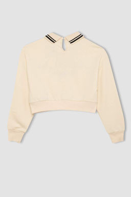 Толстовка с принтом для девочек цвета экрю, свободный крой с воротником-поло и надписью - Defacto фото 3