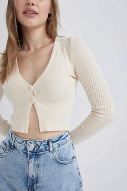 Крутой трикотажный кардиган стандартного кроя с V-образным вырезом - Defacto фото 6