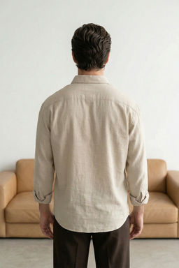 Krem Keten Dokulu Uzun Kollu Yar? Oversize Erkek Gomlek TMNSS26GO00036 - Trendyolmilla фото 2