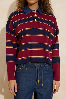 Cok Renkli Cizgili Denim Garnili Polo Yaka Triko Kazak TWOAW26KZ00283