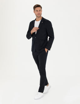Lacivert Ekstra Slim Fit Y_n Kar___ml_ _izgili Tak_m Elbise