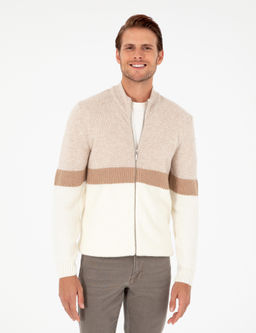 Ekru Regular Fit Y_n Kar___ml_ Fermuarl_ Triko H_rka