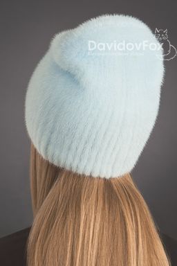 Шапка Бини норка орнамент голубая