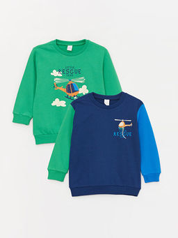 Bisiklet Yaka Uzun Kollu Bask?l? Erkek Bebek Sweatshirt 2li