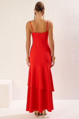TRENDYOLMILLA Nar Cicegi A-Kesim Cut Out/Pencere Detayl? Dokuma Uzun S?k Abiye Elbise TPRSS25AE00048  фото 5