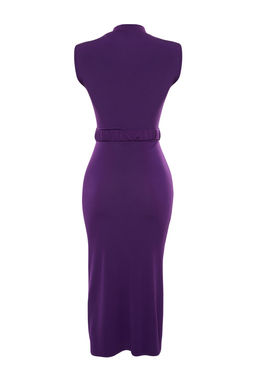 TRENDYOLMILLA Siyah Fitted/ Vucuda Oturan Kolsuz Drape Detayl? Kemerli Midi Esnek Orme Kalem Elbise TWOSS22EL0756  фото 27