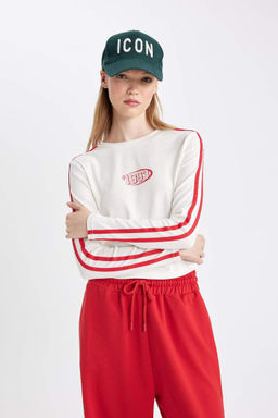 Женская белая классная футболка с круглым вырезом и длинными рукавами в рубчик с принтом - Defacto фото 3