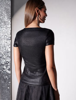 Футболка облегающая из хлопка в рубчик с вырезом лодочка с матовым покрытием металлик - Vilatte фото 3