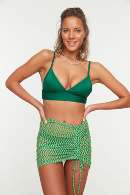 Yesil Geometrik Desenli Mini Orme Buzgulu Mesh Plaj Pareo TBESS22PR0001