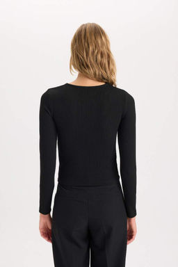 Облегающая футболка с круглым вырезом и длинными рукавами из простой ткани с блестками - Defacto фото 5