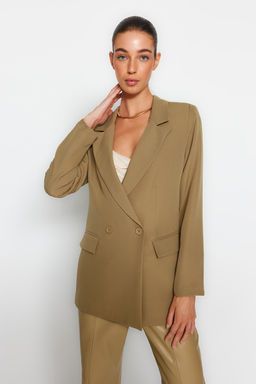 Ac?k Haki Regular Astarl? Kruvaze Kapama Dokuma Blazer Ceket TWOSS20CE0059