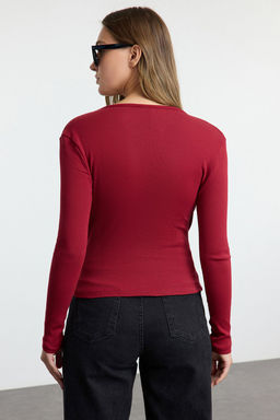 Bordo Fitted/Vucuda Oturan Kruvaze Yaka Uzun Kol Fitilli Esnek Orme Bluz TWOAW21BZ1274