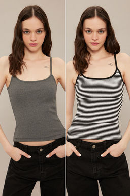 TRENDYOLMILLA Siyah Cizgili-Duz Antrasit 2li Paket Ask?l? Fitted Esnek Fitilli Orme Atlet TWOSS25AL00027