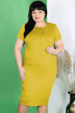 Костюм больших размеров юбочный горчичный - Almond фото 2