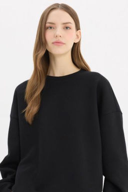 Oversize Genis Kal?p Bisiklet Yaka Basic Duz Kal?n Sweatshirt