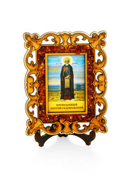 Иконка Преподобный Сергий Радонежский в резном обрамлении с янтарём Иконка Преподобный Сергий Радонежский в резном обрамлении с янтарём