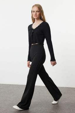 TRENDYOLMILLA Siyah Wide Leg/Ispanyol Paca Yuksek Bel Interlok Esnek Orme Pantolon TWOAW25PL00006 фото 11