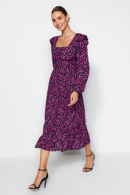 TRENDYOLMILLA Kahverengi Cicekli A Kesim F?rf?rl? %100 Viskon Dokuma Elbise TWOAW24EL00755  фото 2