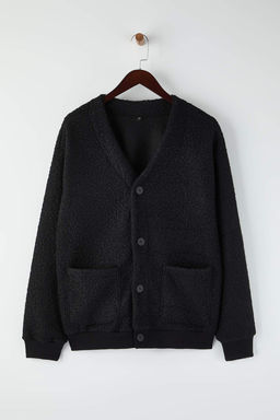 Siyah Oversize/Genis Kesim V Yaka Dugmeli Kal?n H?rka TMNAW26HI00004