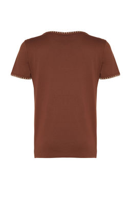 Kahverengi %100 Pamuk Kontrast Dikis Detayl? Basic Bisiklet Yaka Orme T-Shirt TWOSS19AD0085