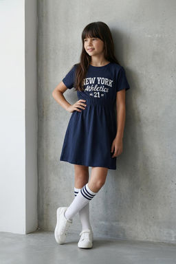 Lacivert K?z Cocuk %100 Pamuk Slogan Bask?l? K?sa Kol Beli Lastikli Mini Orme Elbise TKDSS25EL00084 - Trendyolmilla фото 11