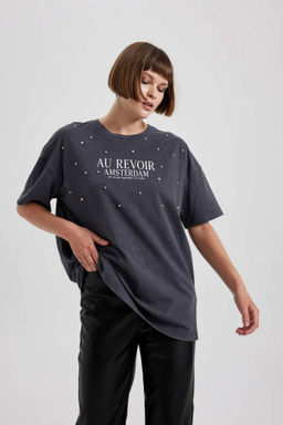 Футболка оверсайз с круглым вырезом и принтом из чесаного хлопка с короткими рукавами