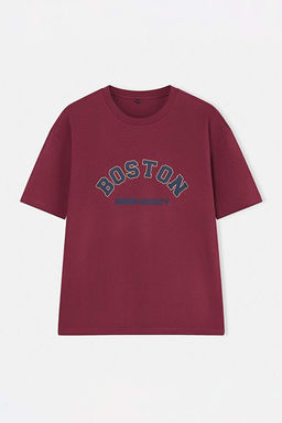Bordo Oversize/Geni_ Kesim Bisiklet Yaka K_sa Kollu Yaz_ Bask_l_ T-Shirt TMNSS21TS1217