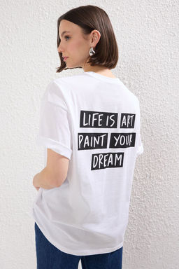 TRENDYOLMILLA Mint %100 Pamuk Slogan Patch Detayl? Oversize/Genis Kesim Orme T-Shirt TWOSS25TS00143