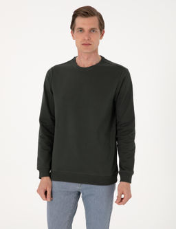 Koyu Ye_il 2 _plik Regular Fit Bisiklet Yaka Basic Sweatshirt