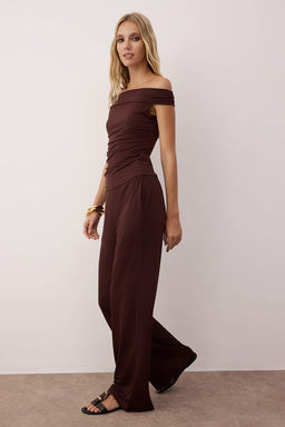 Kahverengi Carmen Yaka Esnek Orme Bluz/Pantolon Alt-Ust Tak?m TWOSS24AU00035