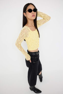 Teen Ac?k Sar? Dugmeli Fitted/Vucuda Oturan Dantel Orme Bluz TWOAW26BZ00016