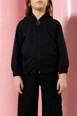 Siyah Melanj Unisex Kapusonlu Pamuklu Fermuarl? Orme H?rka TKDAW25HI00001